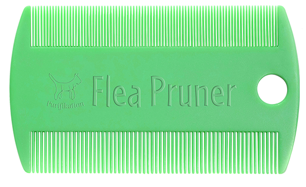 This image showcases a flea comb for cats. It's green in color, and 
			contains a beveled in Purifkation logo towards the left side, and, covering 
			most of the flea collar's front surface, are the beveled in words: Flea Pruner.